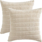 MIULEE Pack of 2 Corduroy Decorative Euro Sham Throw Pillow Covers 22x22 Inch Soft Boho Striped Pillow Covers Modern Farmhouse Home Decor for Sofa Living Room Couch Bed Cream White