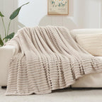 NEWCOSPLAY Super Soft Twin Blanket Linen Premium Silky Flannel Fleece 3D Ribbed Jacquard Lightweight Bed Blanket All Season Use (Linen Ribbed, Twin(60"x80"))