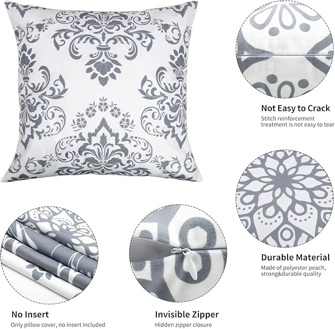 Coliuso Decorative Throw Pillow Covers 16x16 Set of 4, Gray and White Modern Simple Square Pillow Case Cushion Cover for Sofa Couch Farmhouse Outdoor Living Room (Gray and White, 16"x16")
