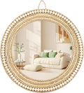 Boho Wall Mounted Mirror, Handmade Corn Beard and Hemp Rope Woven Wooden Beads Decorative Mirror, Round Mirror for Wall Decoration (Natural)