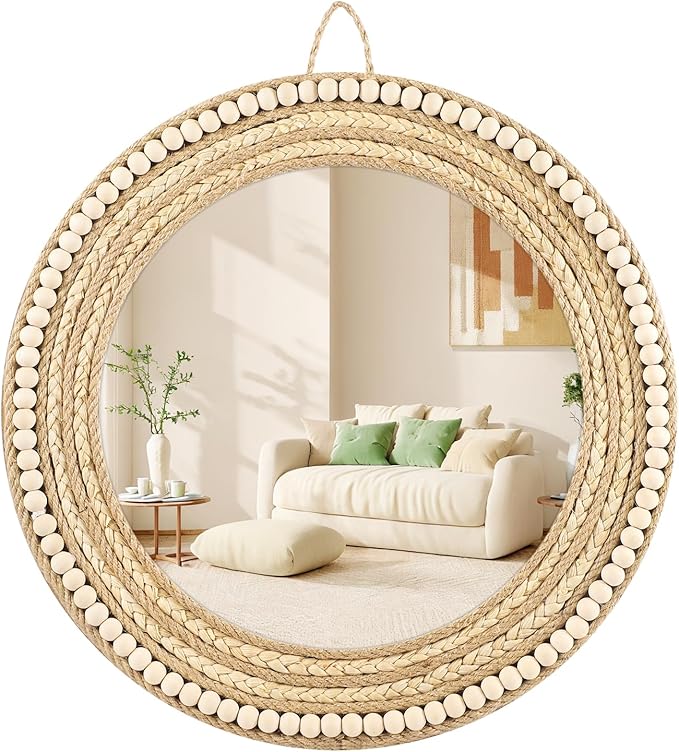 Boho Wall Mounted Mirror, Handmade Corn Beard and Hemp Rope Woven Wooden Beads Decorative Mirror, Round Mirror for Wall Decoration (Natural)