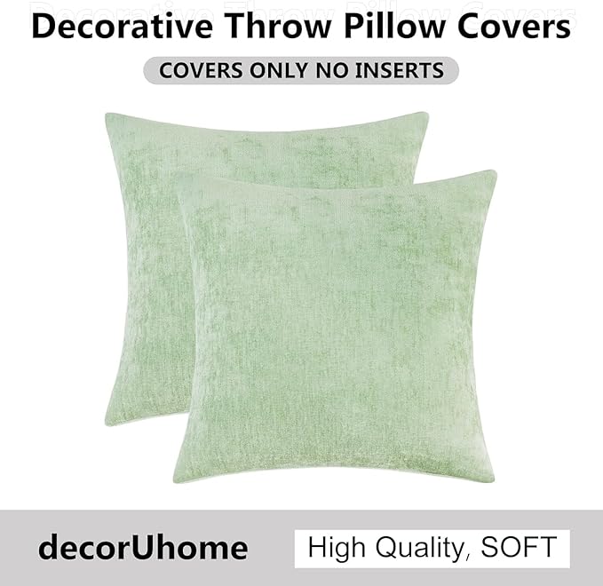 decorUhome Chenille Sage Green Spring Throw Pillow Covers 18x18 Inch Set of 2, Decorative Soft Couch Pillow Covers Solid Dyed Accent Farmhouse Neutral Square Pillow Cases for Sofa
