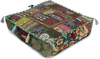 Mam Treasures Indian Bohemian Decorative Pillow Vintage Cushion Cover Patchwork Square Floor Pillow Cover Meditation Cushion Large Floor Pillow Indian Cushion (Dark Green, 18 X 18 X 5 Inch)