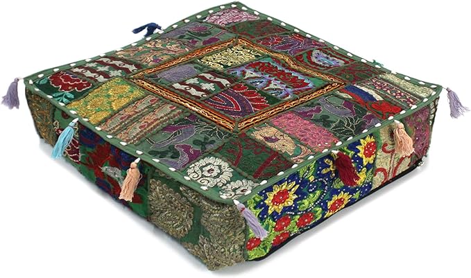 Mam Treasures Indian Bohemian Decorative Pillow Vintage Cushion Cover Patchwork Square Floor Pillow Cover Meditation Cushion Large Floor Pillow Indian Cushion (Dark Green, 18 X 18 X 5 Inch)