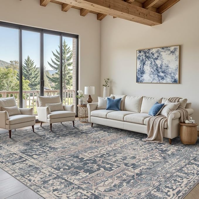 8x10 Area Rugs for Living Room Bedroom, Large Washable Rug, Blue Vintage Retro Boho Rug, Non Slip & Low Pile Faux Wool Thin Carpet for Indoor Dining Room and Kids Room(Blue 8x10ft)