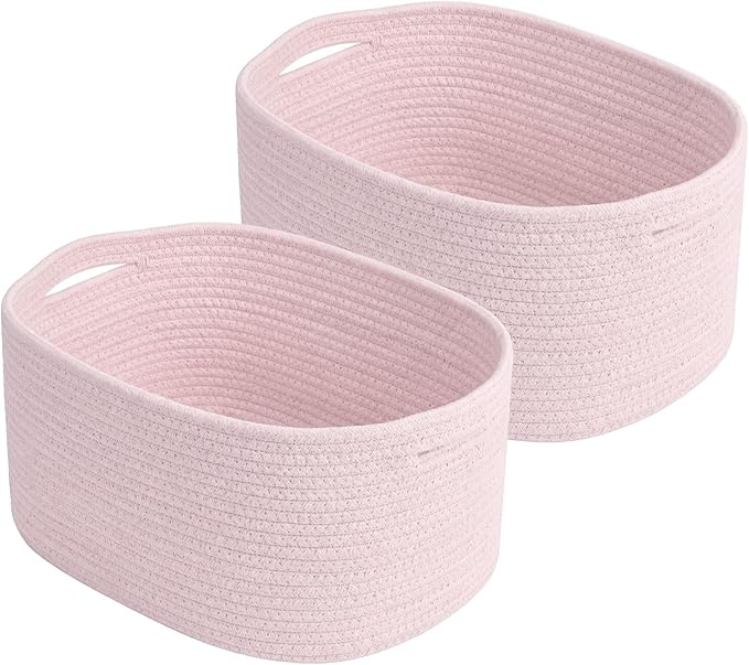 Cotton Rope Storage Basket, 15x10x9 Inches, Woven Basket for Shelves, Clothes, Towels, Books, and Laundry, Light Pink (2 Pack)