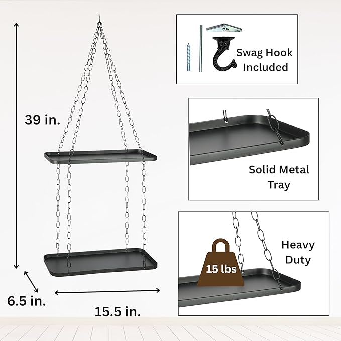 Shinehola Hanging Planters for Indoor Outdoor Plants (Length - 15.5"), Plant Hanger Indoor | Large Metal Hanging Plant Holder, 2-Tier Hanging Planter Shelf, No Plant/Pot Included (Black, 2-Tier)