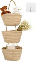 PATIKIL Over the Door Basket, 3 Tier Cotton Rope Woven Hanging Basket Wall Mounted Storage Organizer for Kitchen Bedroom Living Room, Khaki