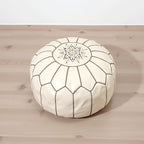 Stuffed Round Design Moroccan Leather Pouf Ottoman, Handmade, Pre-Filled, 100% Genuine Leather, 13” Height x 20” Diameter, Footstool & Living Room Décor (White with Grey Stitches)