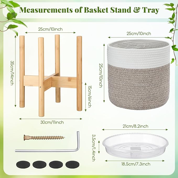 Plant Basket with Stand Indoor Planter Pot Holder Sturdy Jute Rope Modern Woven Basket, Cotton Rope Woven Pot with Bamboo Stand(White and Brown,10 Inch)