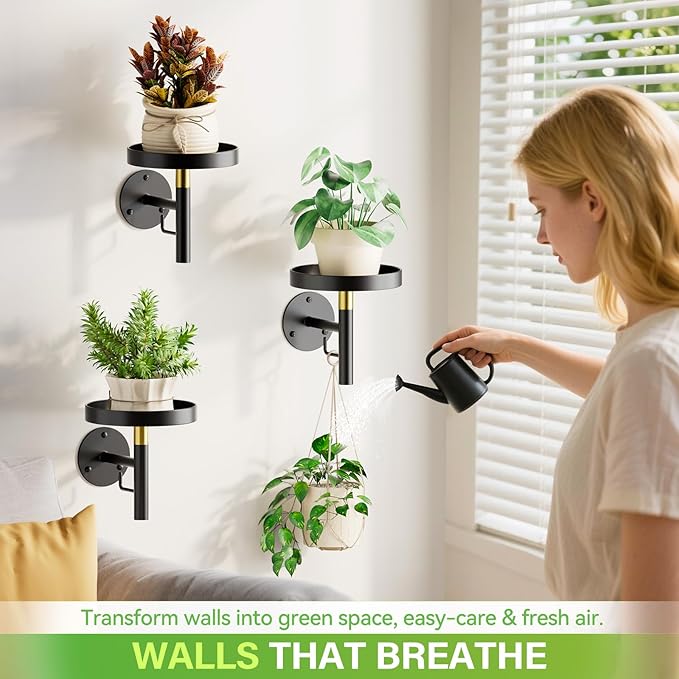 DELLAN Wall Plant Holder, 3 Pack Metal Wall Planters Stand Hanging Shelves for Indoor Plants, Window Sill Plant Decor for Bedroom, Bathroom, Living Room, Home, Office, BlackGold