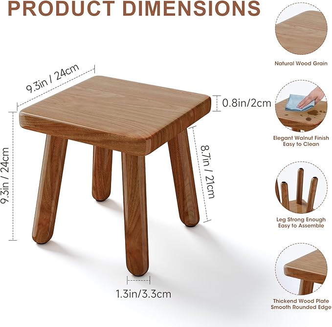 9 Inch Small Wooden Step Stool, multi-functional footstool, shoe changing stool, indoor plant stand, portable and sturdy, suitable for living room, kitchen, bedroom, bathroom (Walnut wood color)