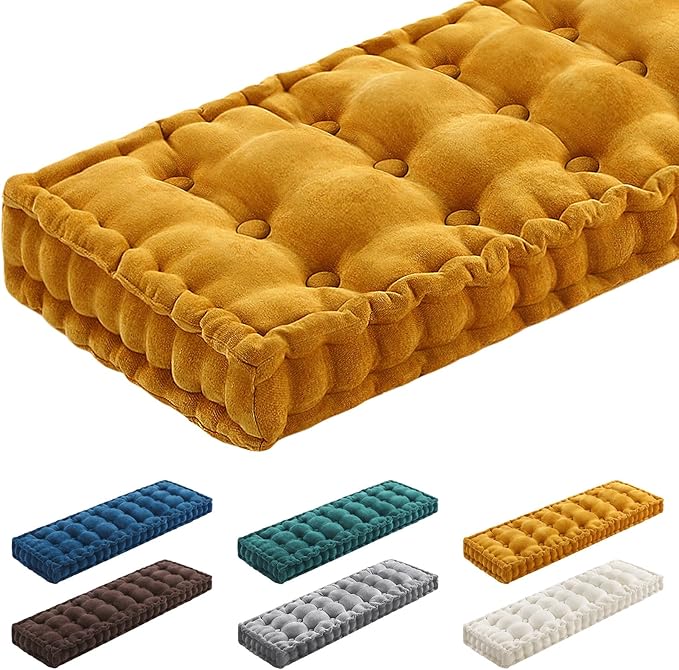 Geelin 48x18 Inch Bench Cushions for Indoor Furniture Chenille Velvet Mustard Yellow Button Tufted Thick Seat Pad Mat with Memory Foam, Window Floor Sofa Chair Cushion for Living Room Porch Swing