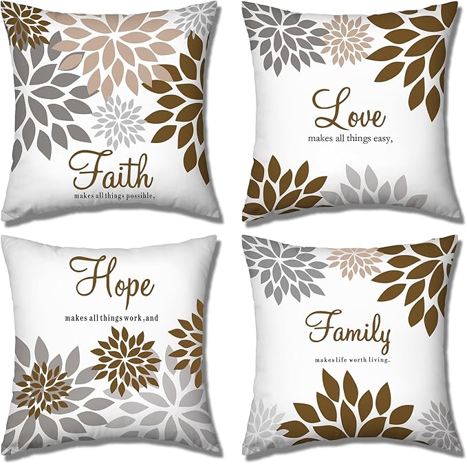Tatuo 4 Pcs Flower Pillow Covers Square Spring Pillow Cushion Cases 18 x 18 Inch Family Faith Hope Love Words Decorative Summer Winter Cushion Case for Bed Couch Sofa Living Room(Dark Brown Series)