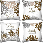Tatuo 4 Pcs Flower Pillow Covers Square Spring Pillow Cushion Cases 18 x 18 Inch Family Faith Hope Love Words Decorative Summer Winter Cushion Case for Bed Couch Sofa Living Room(Dark Brown Series)