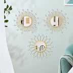 3 Pack Metal Mirrors for Wall Sunburst Wall Mirrors Home Décor Decorative Hanging Wall Art for Living Room Bedroom Entryway (Gold Crystal, Flower+Sunburst)