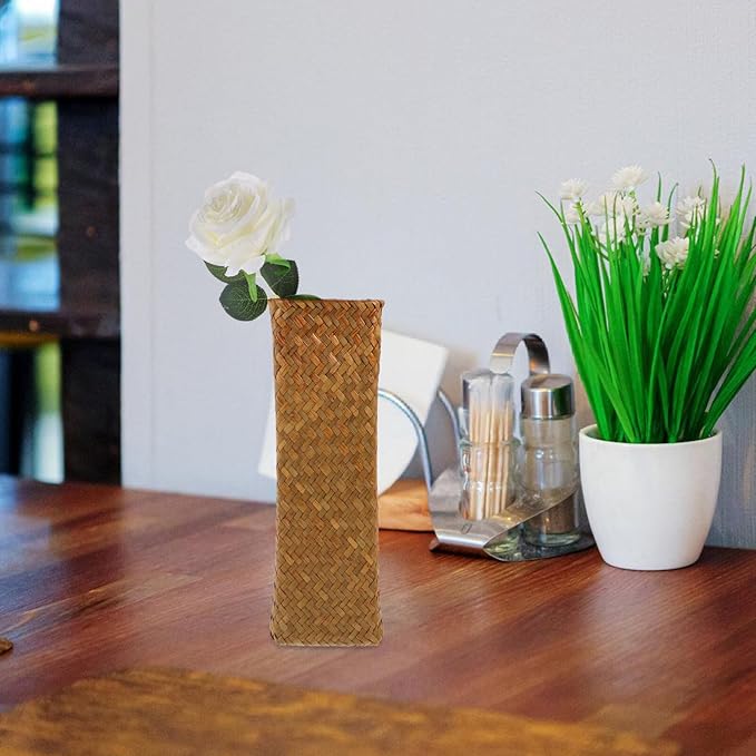 Natural Seaweed Weave Basket Handmade Rattan Vase Tall Plant Holder Container Bamboo Weaving Vase Flower Arranger Dried Flower Boho Home Decoration 11inch A
