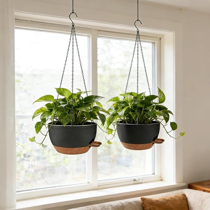12 Inch Self Watering Hanging Planters 2 Pack, Indoor Outdoor Hanging Pots for Plants with Drainage Holes & Saucers, Black Brown Plastic Hanging Baskets for Kitchen Balcony Garden