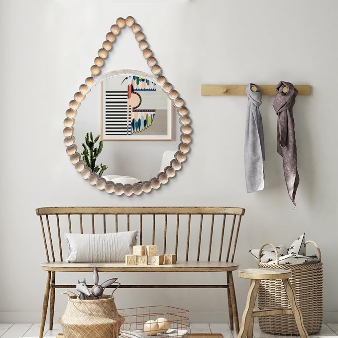 POZINO Wood Beaded Round Mirror, 24" Farmhouse Hanging Rustic Mirrors with Rope, Spherical Frame Rounded Wall Mirror, Boho Circle Mirrors for Bathroom Bedroom Living Room Hallway Entryway Fireplace