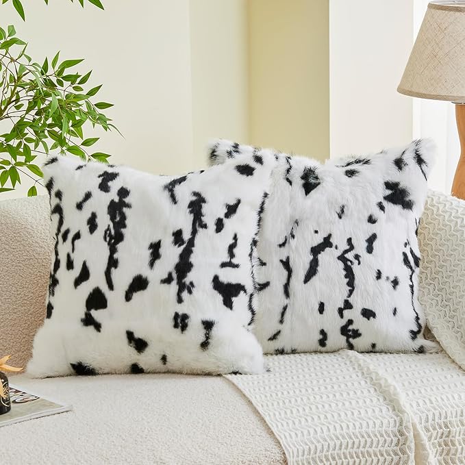 MOOX Rabbit Fur Throw Pillow Covers Decorative Fluffy Soft Fuzzy Plush Luxury Genuine Animal Skin Lumbar Pillow 18"x18" Cushion Cover, Cow Print
