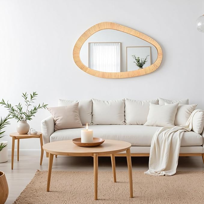 Rattan Mirror for Wall,30.5'' x 19.5" Wooden Framed Farmhouse Boho Wicker Coastal Irregular Vanity Mirror for Bathroom Living Room Entryway
