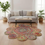Jute Cotton Braided Boho Area Rug, 2' Round - Natural, Handmade, Hand Woven Farmhouse Reversible Rugs for Living Room, Kitchen, Bedroom, Hallway, Entryway - 2 Feet Round Multicolor