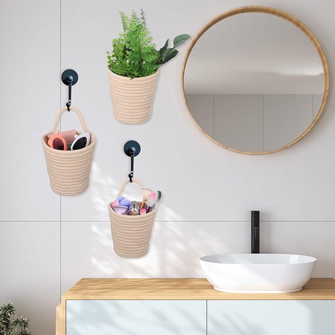 4 Pack Hanging Woven Basket, Small Hanging Basket for Wall, Boho Style Cotton Rope Storage Organizer, Woven Wall Baskets for Home Decor (Beige, 5.5" x 5.5")