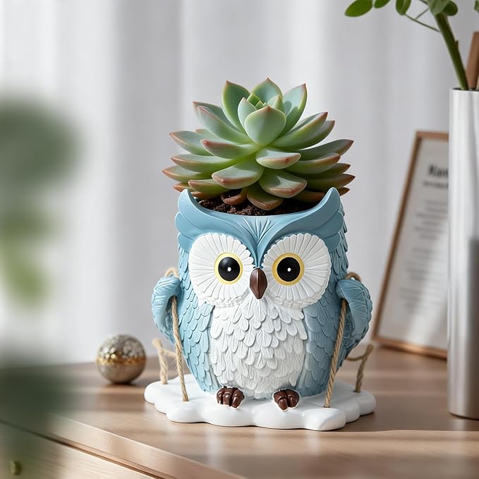 QCQHDU Swing Owl Hanging Pots with Drainage Hole, Small Resin Succulent Plant Planters, Cute Indoor/Outdoor Decor for Balcony Garden Patio, Women Gift Idea, Blue