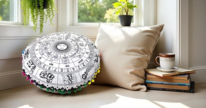 CRAFT KALA 22" Bohemian Floor Pillow Pouf Cover Mandala Boho Large Round Meditation Room Pillow Covers for Adults Seating Poufs Cushion Cover for Kids Playroom Black Zodiac