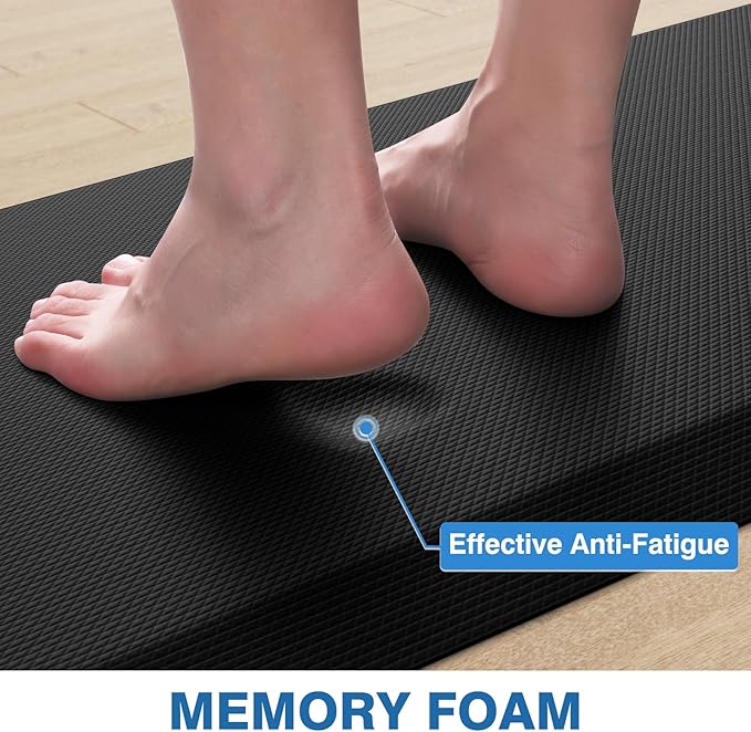 StepRite Kitchen Mats, 2PCS Kitchen Rugs, Cushioned Anti Fatigue Kitchen Mats for Floor, Non-Slip Standing Desk Mat, Waterproof Kitchen Rug Set for Kitchen, 20" x 32"+20" x 72"-Full 1 inch Thick,Black
