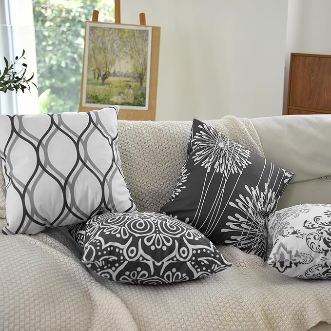Coliuso Decorative Throw Pillow Covers 20x20 Set of 4, Dark Grey and White Modern Simple Square Pillow Case Cushion Cover for Sofa Couch Farmhouse Outdoor Living Room