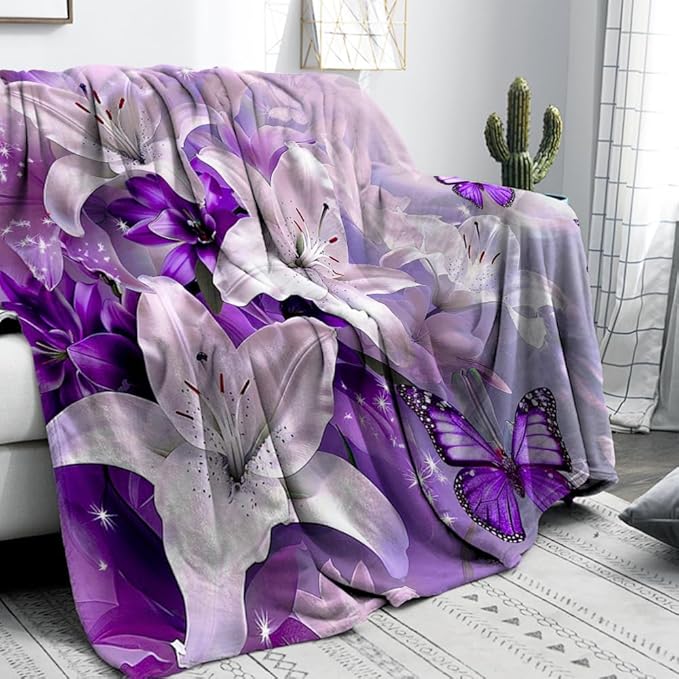 Purple Butterfly Flower Throw Blanekts Butterfly Blankets Soft Lightweight Cozy for Bed Couch Sofa Birthday Gifts Women Gifts for Her Anniversary Valentines Mothers Day Flower Gifts 50"x60"