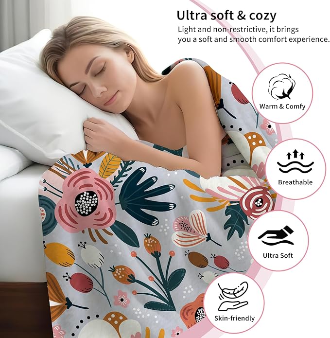 Throw Blanket for Couch, 300GSM Warm Soft Cozy Flannel Blanket, Cute Blanket for All Seasons Bedroom Home Decor Gifts, Cute Boho Flowers 50x60 Inches