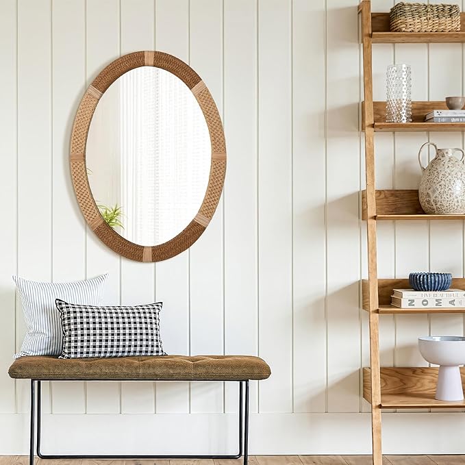 ULIKE Boho Oval Rattan Mirror, 22x30 Inch Rustic Farmhouse Wall Decor with Wicker Frame, Rattan Mirror for Nursery Bathroom Bedroom Living Room Entryway