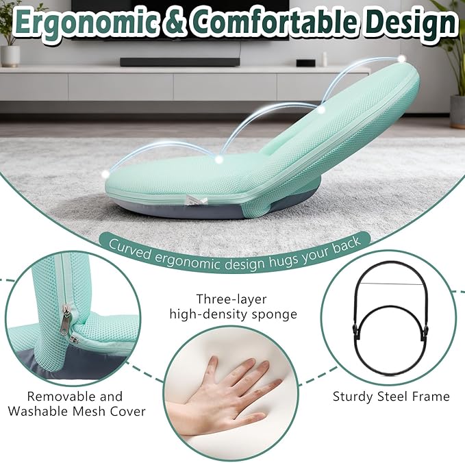 Floor Chair Floor Cushion Folding Padded Gaming Chair Adjustable 5-Position Floor Seat with Back Support for Kids Adult Great for Gaming Reading Meditating
