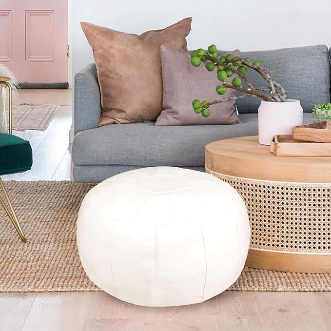 Unstuffed Pouf Foot Stool Round Decorative Leather Ottoman Cushion Storage seat or for Resting Your Feet on, Floor Chair Foot Living Room Bedroom Kids Room and Wedding (White)