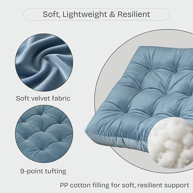 Floor Pillow for Sitting, Large Velvet Floor Seating Cushion for Adults, Tufted Big Pillow for Meditation, Yoga & Living Room, Machine Washable, 22x22 Inch, Blue