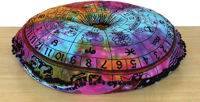 ICC 32 Inch Large Hippie Mandala Floor Pillow Ottoman Pouf Cover - Indian Peacock Daybed Oversized Cotton Cushion Cover Heavy Duty Zipper Seating Ottoman Cover - Dog Pets Bed Cover Zodiac
