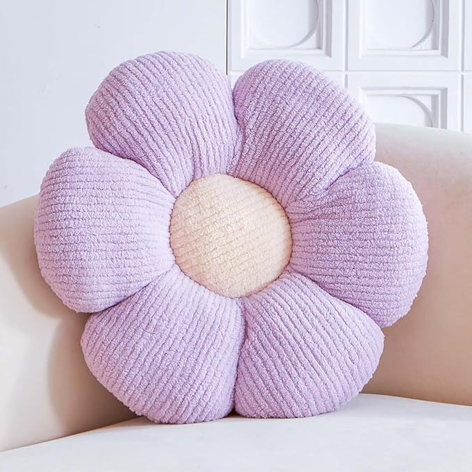 Lavender Flower Decorative Throw Pillows for Bed Couch, Cute Daisy Shaped Plush Aesthetic Pillow, Soft 14.9" Floor Seat Cushion