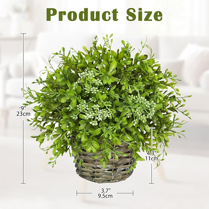 Hollyone Artificial Boxwood Plant in Woven Pot 9” Fake Potted Plants Topiary Boxwood Greenery Arrangement Centerpiece Faux Plants for Home Indoor Outdoor Farmhouse Office Desk Centerpiece Shelf Decor