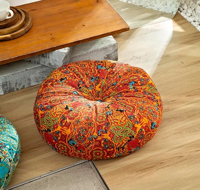 Cotton Linen Morocco Floor Cushions, Meditation Pillow, Futon Tatami Mats, Large Round Cushions for Outdoor Fireplace Yoga Living Room Reading Nook (OrangeB,22''x22'')