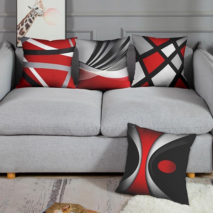 Emvency Set of 4 Throw Pillow Covers Modern Abstract Red Stripes Gray Black White Acrylic Bold Grey Decorative Pillow Cases Home Decor Square 18x18 Inches Pillowcases