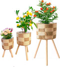 Boho Rattan Plant Stand Set of 3 – Handwoven Wicker Mid-Century Modern Floor Planter Stand for Indoor Plants, Large Farmhouse Decor, Sturdy Wood & Rope Design, Housewarming Gift