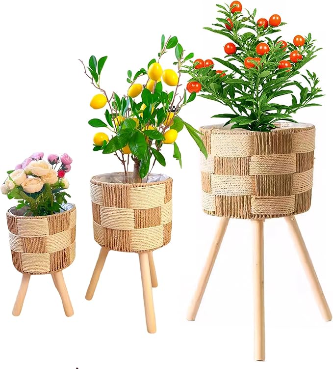 Boho Rattan Plant Stand Set of 3 – Handwoven Wicker Mid-Century Modern Floor Planter Stand for Indoor Plants, Large Farmhouse Decor, Sturdy Wood & Rope Design, Housewarming Gift
