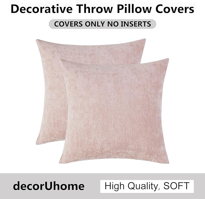 decorUhome Chenille Blush Pink Valentine’s Day Spring Euro Sham Throw Pillow Covers 24x24 Inch Set of 2, Decorative Soft Couch Pillow Covers Solid Accent Farmhouse Neutral Square Pillow Cases for Sofa