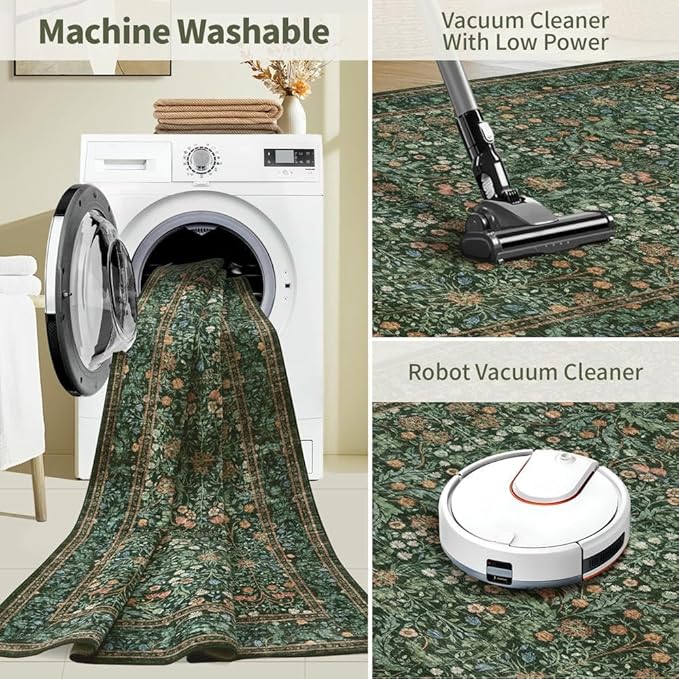 8x10 Area Rugs for Living Room Bedroom, Large Washable Rug, Green Vintage Floral Boho Rug, Non Slip & Low Pile Faux Wool Thin Carpet for Indoor Dining Room and Kids Room(Green 8x10ft)