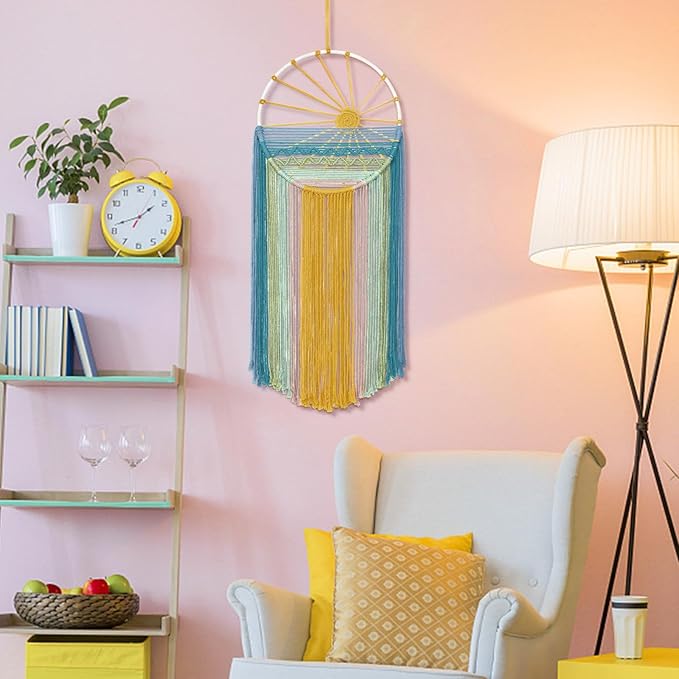MEIVINES Macrame Wall Hanging,11.8x27.6 Inches Boho Sun Wall Art Decor,Woven Hanging Tapestry Tassels Handmade Colorful Tapestry for Bedroom Living Room Nursery Apartment