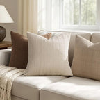 Woaboy Linen Check Throw Pillow Covers Set of 2 - Light Brown Farmhouse Modern Boho Vintage Decorative Cushion Covers for Sofa Couch Bedroom Living Room Decor 22x22 Inch