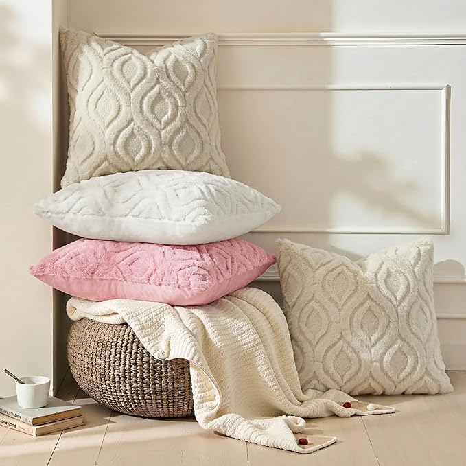 decorUhome Cozy Textured Euro Sham Throw Pillow Covers 26x26 Inch Set of 2, Soft Plush Faux Wool Beige Accent Couch Pillow Covers for Modern Farmhouse Sofa Bed Living Room