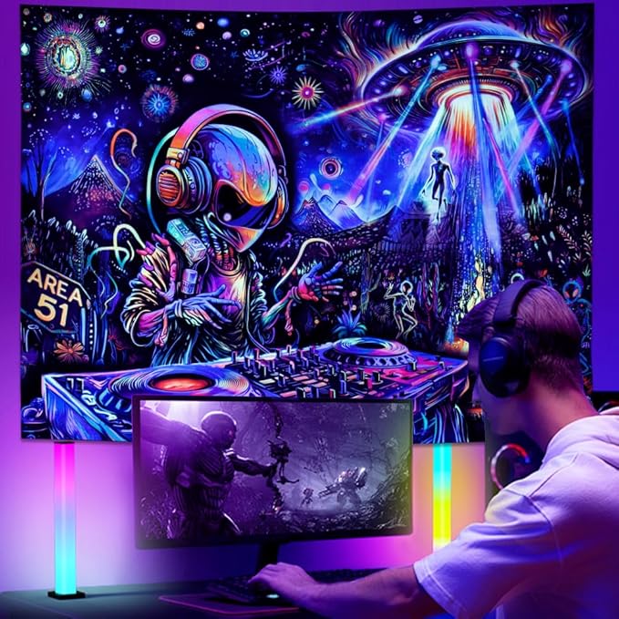 Galoker Blacklight Alien UFO Tapestry Trippy Galaxy Planet Tapestry UV Reactive Funny DJ Music Wall Tapestries Plant Cactus Tapestries Wall Hanging for Home Decor(70.8"x92.5")